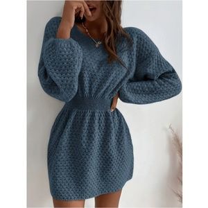 Blue Knit Batwing Long Sleeve Fitted Waist Mini Short Winter Dress